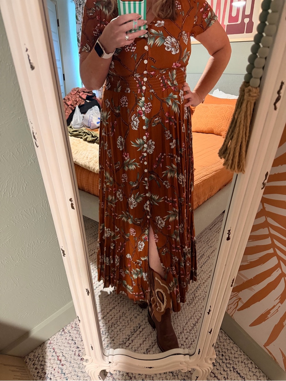 Rusty Brown Floral Button-Front Maxi Dress